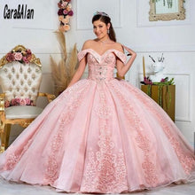 Load image into Gallery viewer, Mexican Princess Pink Quinceanera Dresses Off The Shoulder Lace Appliques Puffy Sweet 16 Prom Pageant Gowns Vestidos de xv años
