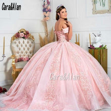 Load image into Gallery viewer, Mexican Princess Pink Quinceanera Dresses Off The Shoulder Lace Appliques Puffy Sweet 16 Prom Pageant Gowns Vestidos de xv años