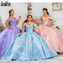 Load image into Gallery viewer, Mexican Princess Pink Quinceanera Dresses Off The Shoulder Lace Appliques Puffy Sweet 16 Prom Pageant Gowns Vestidos de xv años