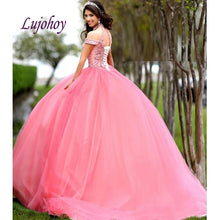 Load image into Gallery viewer, Coral Luxury Quinceanera Dresses Ball Gown Mexican Tulle Princess Off Shoulder Masquerade Sweet 16 Prom Dress 15 year old