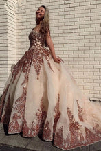 Load image into Gallery viewer, Rose Gold Pink Quinceanera Dresses 2021 Sequined Applique Beaded Sweetheart lace-up Pageant Dress Mexican Girls Birthday Gowns