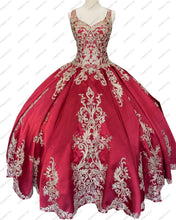 Load image into Gallery viewer, 2022 Vestidos De 15 Anos Burgundy and Gold Embroidery Lace Cheap Quinceanera Ball Gown Puffy Mexican Sweet 16 Dress Keyhole Back