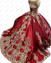 Load image into Gallery viewer, 2022 Vestidos De 15 Anos Burgundy and Gold Embroidery Lace Cheap Quinceanera Ball Gown Puffy Mexican Sweet 16 Dress Keyhole Back