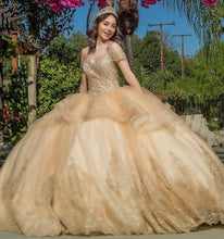 Load image into Gallery viewer, Charming Gold Quinceanera Dresses Lace Applique Beaded Ball Gown Mexican Sweet 16 Dress Off the Shoulder vestidos de 15 años
