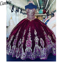 Load image into Gallery viewer, Burgundy Vestidos De XV Años Red Velvet Quinceanera Dresses Sequins Lace Mexican Girls 15 Years Birthday Dress Prom Party Gown