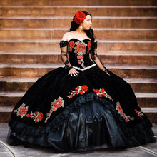 Load image into Gallery viewer, Mexican Black Quinceanera Dresses Long Sleeves Applique Beaded Ball Gown Prom Dress Velvet vestidos de 15 años