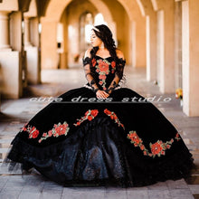 Load image into Gallery viewer, Mexican Black Quinceanera Dresses Long Sleeves Applique Beaded Ball Gown Prom Dress Velvet vestidos de 15 años