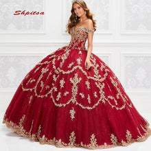 Load image into Gallery viewer, Red Lace Quinceanera Dresses Ball Gown Plus Size Off Shoulder Mexican Corset Tulle Princess Puffy Prom Sixteen 15 Sweet 16 Dress