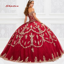 Load image into Gallery viewer, Red Lace Quinceanera Dresses Ball Gown Plus Size Off Shoulder Mexican Corset Tulle Princess Puffy Prom Sixteen 15 Sweet 16 Dress