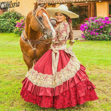 Load image into Gallery viewer, Red Mexican Quinceanera Dresses V Neck Embroidered Lace Long Sleeve Prom Cinderella Princess Cowgirl Sweet 16 Birthday Dress