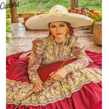 Load image into Gallery viewer, Red Mexican Quinceanera Dresses V Neck Embroidered Lace Long Sleeve Prom Cinderella Princess Cowgirl Sweet 16 Birthday Dress