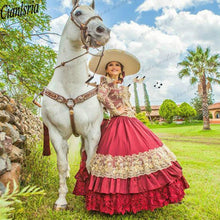 Load image into Gallery viewer, Red Mexican Quinceanera Dresses V Neck Embroidered Lace Long Sleeve Prom Cinderella Princess Cowgirl Sweet 16 Birthday Dress