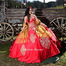 Load image into Gallery viewer, Red Sleeveless Mexican Ball Gown Quinceanera Dress With Gold Embroidery Sweetheart Vestido De 15 Anos Sweet 16 Prom Party