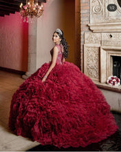 Load image into Gallery viewer, Luxury Burgundy Quinceanera Dresses Beading Crystal Scoop Sweet 16 Dress Tulle Tiered Skirt Mexican vestidos de xv años