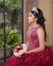 Load image into Gallery viewer, Luxury Burgundy Quinceanera Dresses Beading Crystal Scoop Sweet 16 Dress Tulle Tiered Skirt Mexican vestidos de xv años