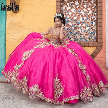 Load image into Gallery viewer, Mexican Girls vestidos de 15 años Fuchsia Quinceanera Dresses With 3D Floral Applique Beads Sweet 16 Ball Gown Prom Dress