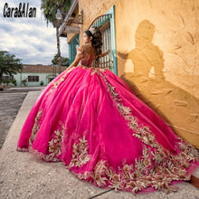 Load image into Gallery viewer, Mexican Girls vestidos de 15 años Fuchsia Quinceanera Dresses With 3D Floral Applique Beads Sweet 16 Ball Gown Prom Dress