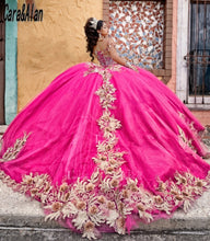 Load image into Gallery viewer, Mexican Girls vestidos de 15 años Fuchsia Quinceanera Dresses With 3D Floral Applique Beads Sweet 16 Ball Gown Prom Dress