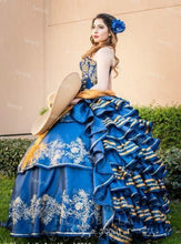Load image into Gallery viewer, Mexican Style Purple Quinceanera Dresses 2021With Gold Appliques Vestido De 15 Anos Ruffles Tiered Corset Lace Up Robe De Soirée