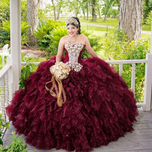 Load image into Gallery viewer, Mexican Girls Dark Burgundy Quinceanera Dress Puffy Ruffles Skirt Beaded Crystal Pageant Dress vestidos de 15 años 2020