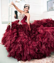 Load image into Gallery viewer, Mexican Girls Dark Burgundy Quinceanera Dress Puffy Ruffles Skirt Beaded Crystal Pageant Dress vestidos de 15 años 2020