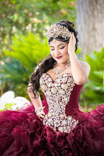 Load image into Gallery viewer, Mexican Girls Dark Burgundy Quinceanera Dress Puffy Ruffles Skirt Beaded Crystal Pageant Dress vestidos de 15 años 2020