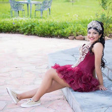 Load image into Gallery viewer, Mexican Girls Dark Burgundy Quinceanera Dress Puffy Ruffles Skirt Beaded Crystal Pageant Dress vestidos de 15 años 2020