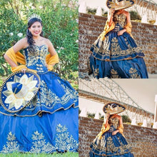 Load image into Gallery viewer, Mexican quinceanera Luxury Detail Gold Embroidery Quinceanera Dresses 2019 Masquerade Ball Gown Royal Blue Sweety 16 Girls Prom