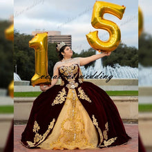Load image into Gallery viewer, vestidos de fiesta Mexican Burgundy Velvet Quinceanera Dresses Appliqued Beads Applique Sweet 16 Dress vestidos de XV 15 años