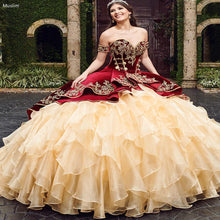 Load image into Gallery viewer, Vintage Burgundy And Gold Quinceanera Dresses 2021 With Gold Appliques Mexican Sweet 15 Party Dresses Organza Ruffles Prom Gowns