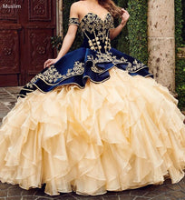 Load image into Gallery viewer, Vintage Burgundy And Gold Quinceanera Dresses 2021 With Gold Appliques Mexican Sweet 15 Party Dresses Organza Ruffles Prom Gowns