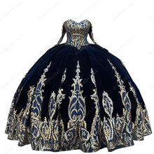 Load image into Gallery viewer, Amazing Black Velvet Gold Embellishment Sequined Lace Ball Gown Mexican Quinceanera Dresses 2022 Detachable Long Sleeve 15 Anos
