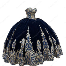 Load image into Gallery viewer, Amazing Black Velvet Gold Embellishment Sequined Lace Ball Gown Mexican Quinceanera Dresses 2022 Detachable Long Sleeve 15 Anos