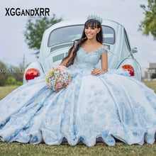 Load image into Gallery viewer, Charming Blue Mexican Quinceanera Dresses 2022 Ball Gown Prom Dress Illusion Beaded Flower Sweet 16 Dress Pageant Vestidos De 15
