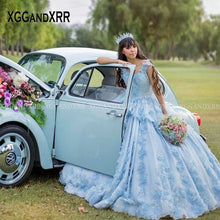 Load image into Gallery viewer, Charming Blue Mexican Quinceanera Dresses 2022 Ball Gown Prom Dress Illusion Beaded Flower Sweet 16 Dress Pageant Vestidos De 15