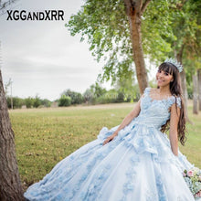 Load image into Gallery viewer, Charming Blue Mexican Quinceanera Dresses 2022 Ball Gown Prom Dress Illusion Beaded Flower Sweet 16 Dress Pageant Vestidos De 15