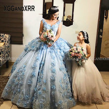 Load image into Gallery viewer, Charming Blue Mexican Quinceanera Dresses 2022 Ball Gown Prom Dress Illusion Beaded Flower Sweet 16 Dress Pageant Vestidos De 15