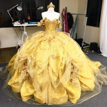 Load image into Gallery viewer, Mexican Charro Yellow Quinceanera Dresses Theme Colorful Embroidered Off The Shoulder Tulle Lace-up Ball Gown Sweet 16 Vestidos