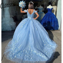 Load image into Gallery viewer, Mexican Sky Blue Quinceanera Dress with 3D Floral Applique Vestidos XV Años Sweet 16 Dress Bow robe de soirée 2022