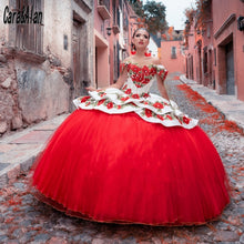 Load image into Gallery viewer, Vestidos De 15 Años White And Red Quinceanera Dresses With Wrap Floral Applique Beading Mexican Sweet 15 Birthday Wear