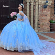 Load image into Gallery viewer, Luxury Blue Quinceanera Dress With Caped Lace Beaded Princess Prom Dresses 2022 Floor Length Dubai Mexican Sweet 16 Party Dress