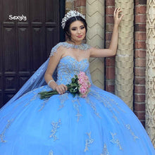 Load image into Gallery viewer, Luxury Blue Quinceanera Dress With Caped Lace Beaded Princess Prom Dresses 2022 Floor Length Dubai Mexican Sweet 16 Party Dress