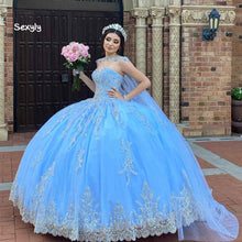 Load image into Gallery viewer, Luxury Blue Quinceanera Dress With Caped Lace Beaded Princess Prom Dresses 2022 Floor Length Dubai Mexican Sweet 16 Party Dress