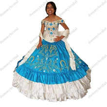 Load image into Gallery viewer, Mexican White and Blue Off Shoulder Ball Gown Gold Embroidered Quinceanera Prom Evening Dresses Plus size With Sleeves Sweet 15