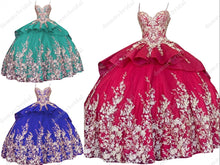 Load image into Gallery viewer, Modest Gold Flowers Embroidery Red Royal Blue Aqua Ball Gown Sweet 15 16 Party Quinceanera Dresses Vestidos De Fiesta Mexican