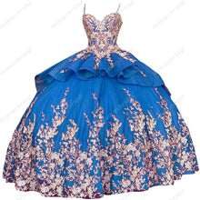 Load image into Gallery viewer, Modest Gold Flowers Embroidery Red Royal Blue Aqua Ball Gown Sweet 15 16 Party Quinceanera Dresses Vestidos De Fiesta Mexican