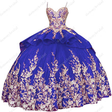 Load image into Gallery viewer, Modest Gold Flowers Embroidery Red Royal Blue Aqua Ball Gown Sweet 15 16 Party Quinceanera Dresses Vestidos De Fiesta Mexican