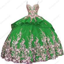 Load image into Gallery viewer, Modest Gold Flowers Embroidery Red Royal Blue Aqua Ball Gown Sweet 15 16 Party Quinceanera Dresses Vestidos De Fiesta Mexican