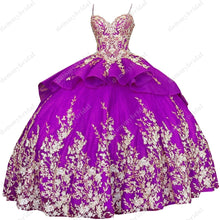 Load image into Gallery viewer, Modest Gold Flowers Embroidery Red Royal Blue Aqua Ball Gown Sweet 15 16 Party Quinceanera Dresses Vestidos De Fiesta Mexican