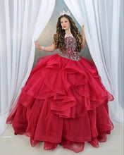Load image into Gallery viewer, Elegant Dark Red Quinceanera Dresses Beading Crystal Sweet 16 Dress Tulle Tiered Skirt Mexican vestidos de xv años